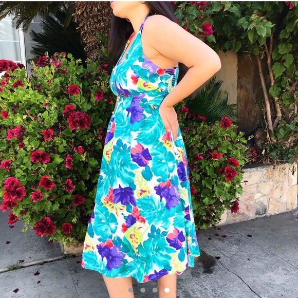 80s vintage floral halter watercolor dress - Picture 4 of 4